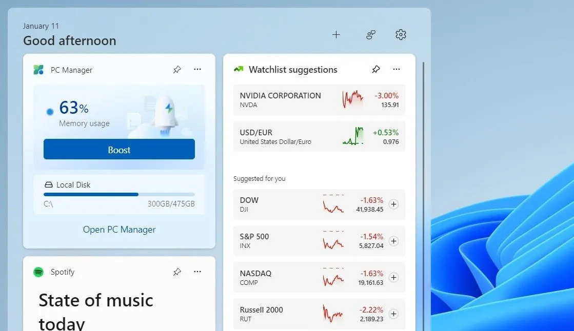 Tiện ích Quản lý PC của Microsoft trong bảng widget Windows 11 hiển thị mức sử dụng RAM
