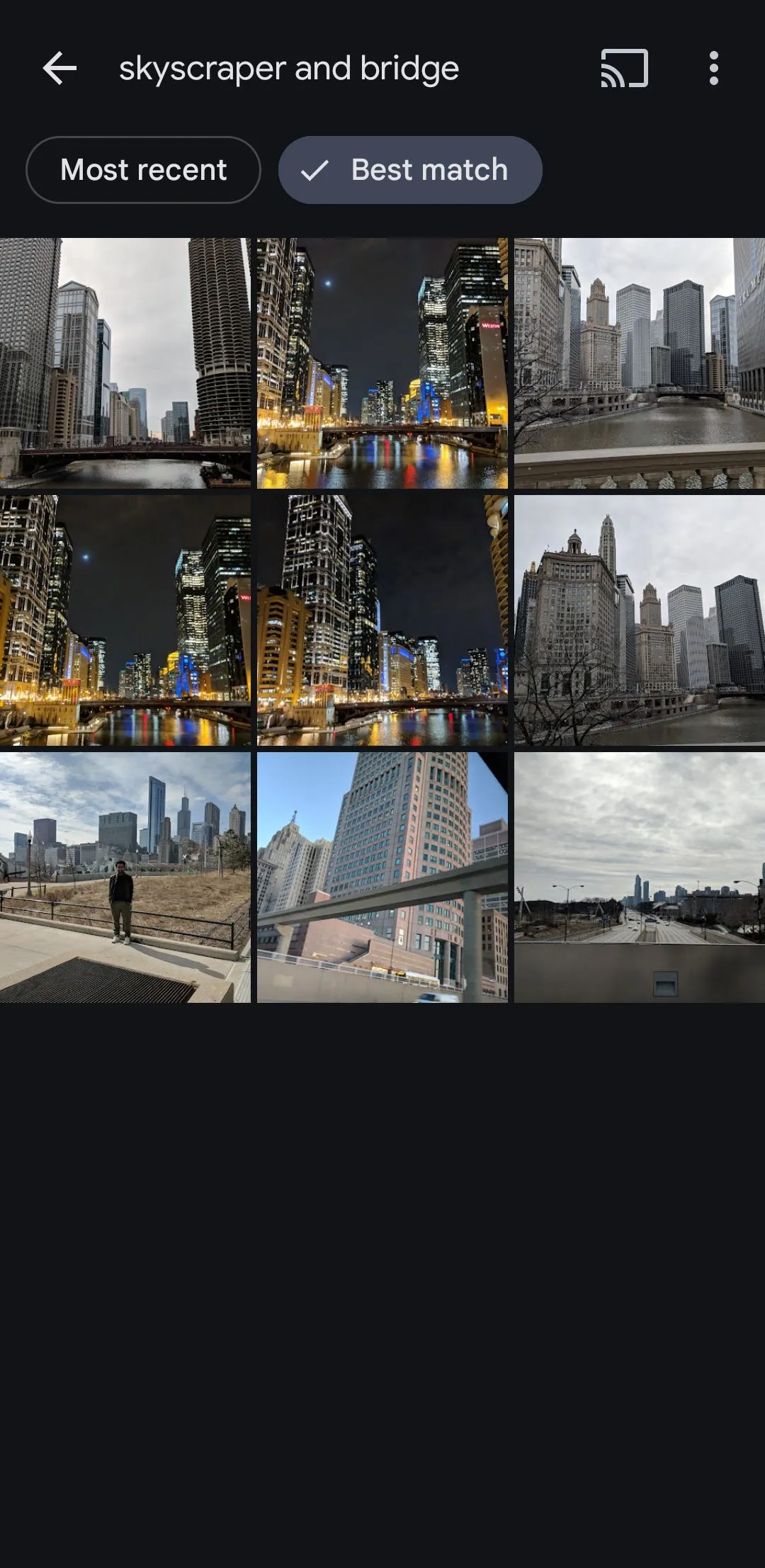 Tìm kiếm ảnh bằng cụm từ mô tả như 'tòa nhà chọc trời và cầu' trong Google Photos