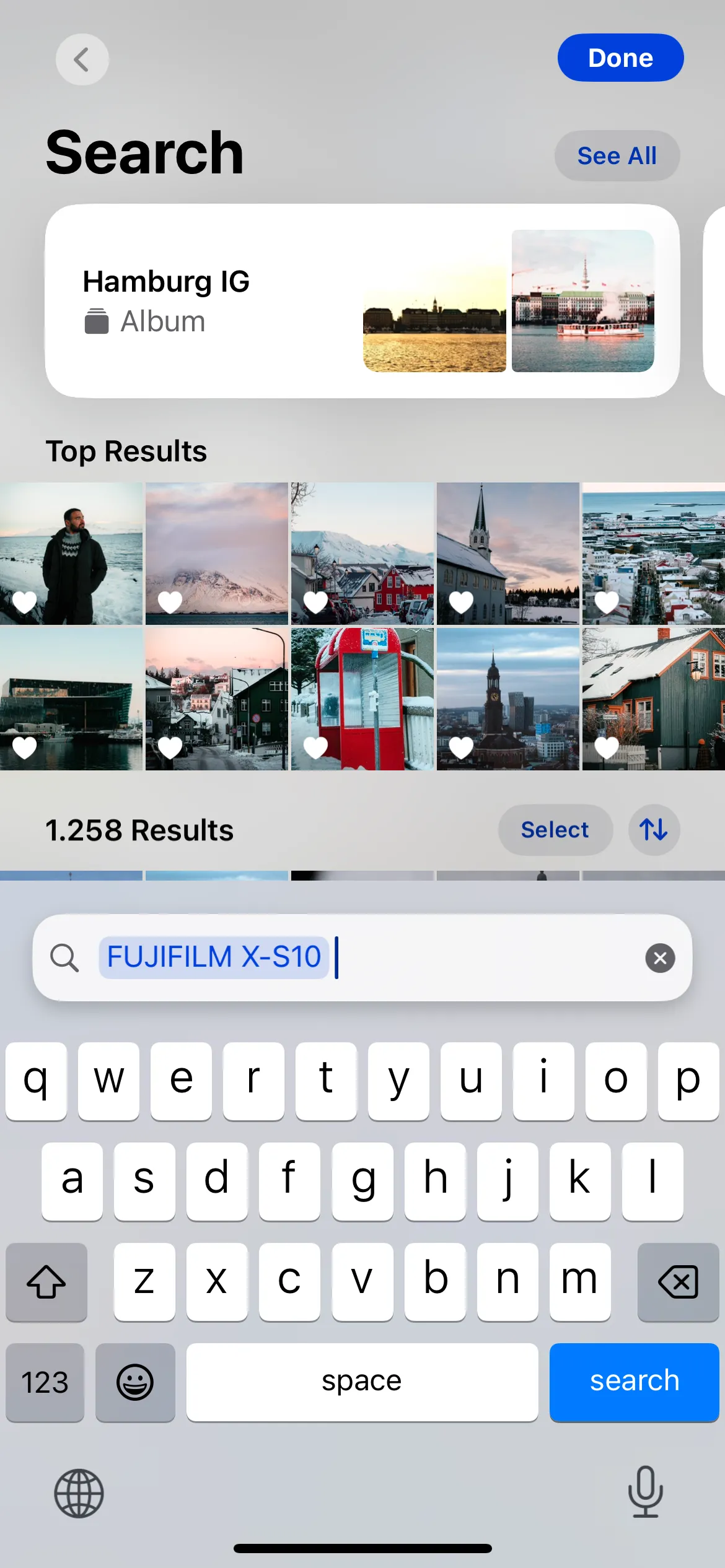 Tìm kiếm ảnh theo tên máy ảnh (ví dụ Fujifilm) trong ứng dụng Ảnh trên iPhone