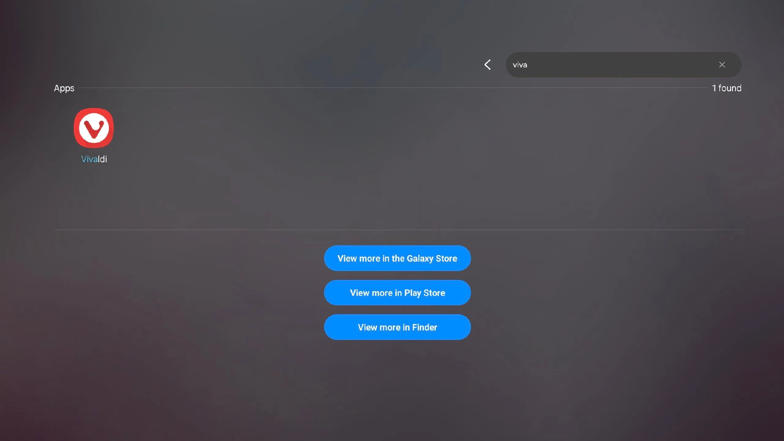 Tìm kiếm ứng dụng Vivaldi bằng phím tắt trên Samsung DeX, thể hiện cách mở ứng dụng nhanh chóng và có chủ đích.