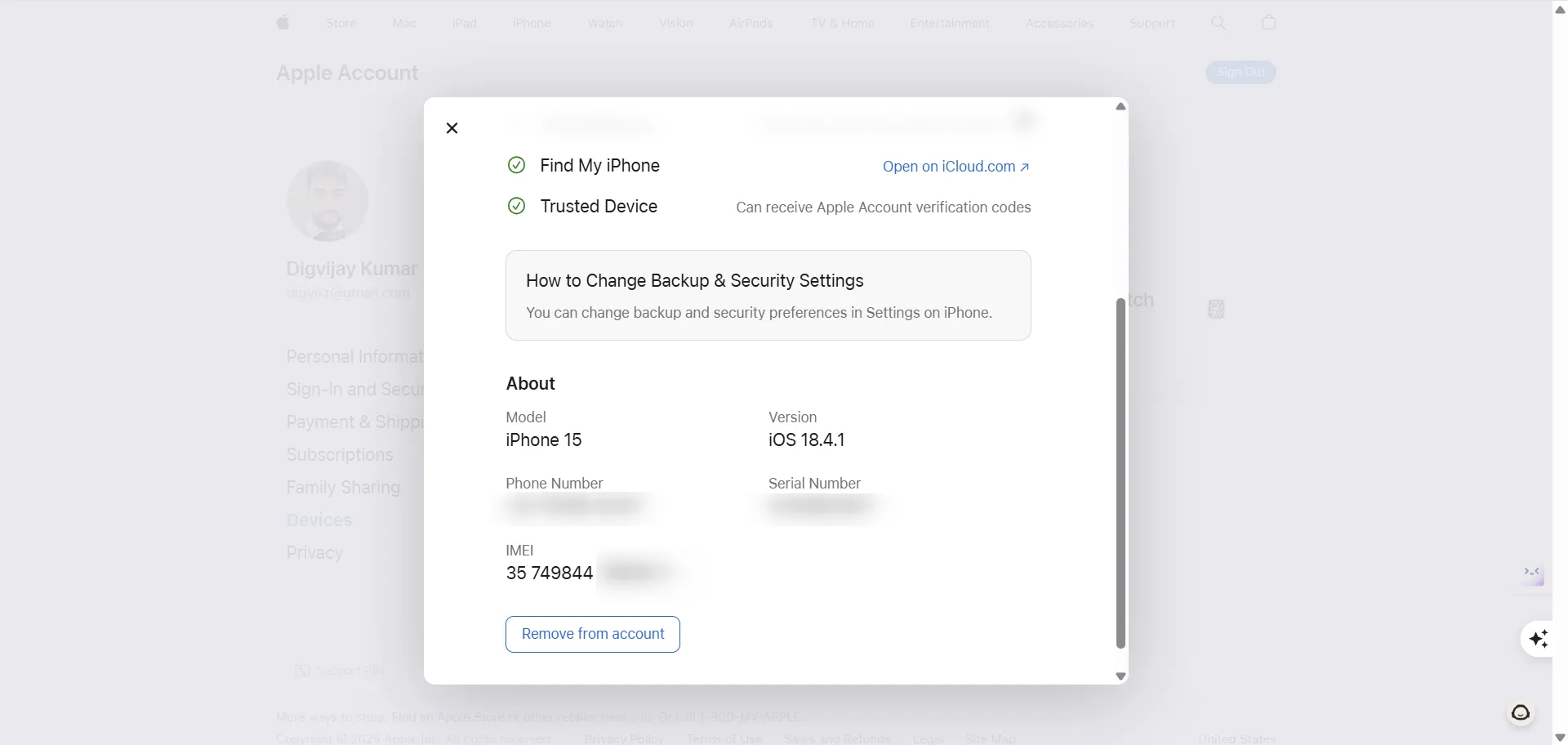 Tìm số IMEI của iPhone trong phần thông tin thiết bị trên tài khoản Apple ID