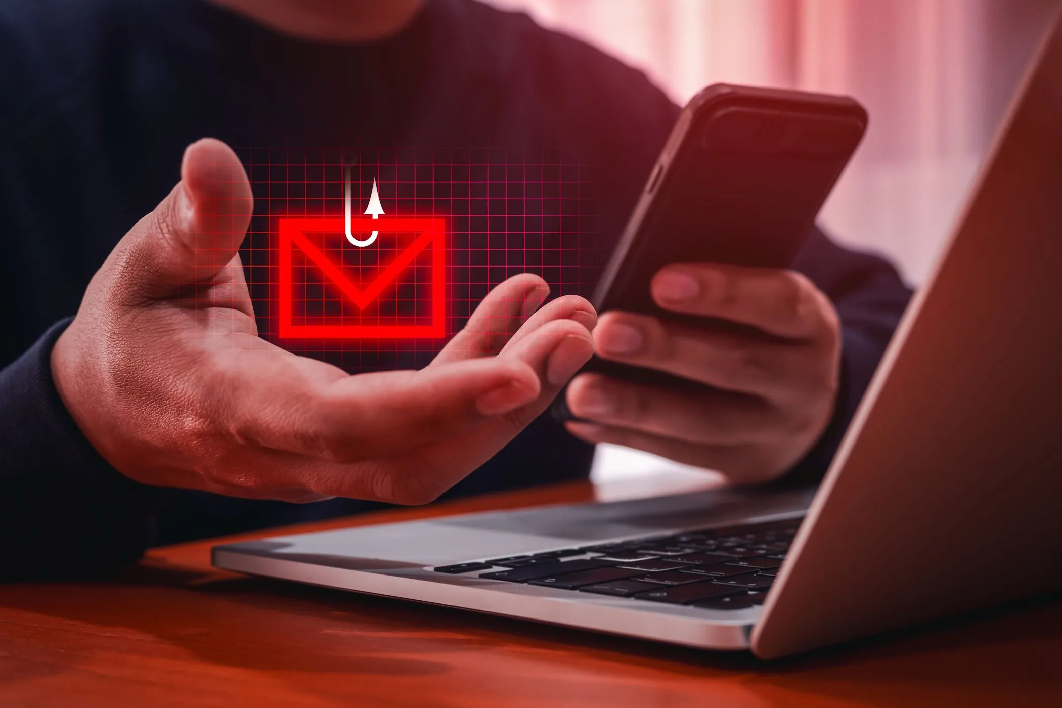 Tin nhắn lừa đảo (smishing) hiển thị trên điện thoại bên cạnh máy tính xách tay với biểu tượng thư.