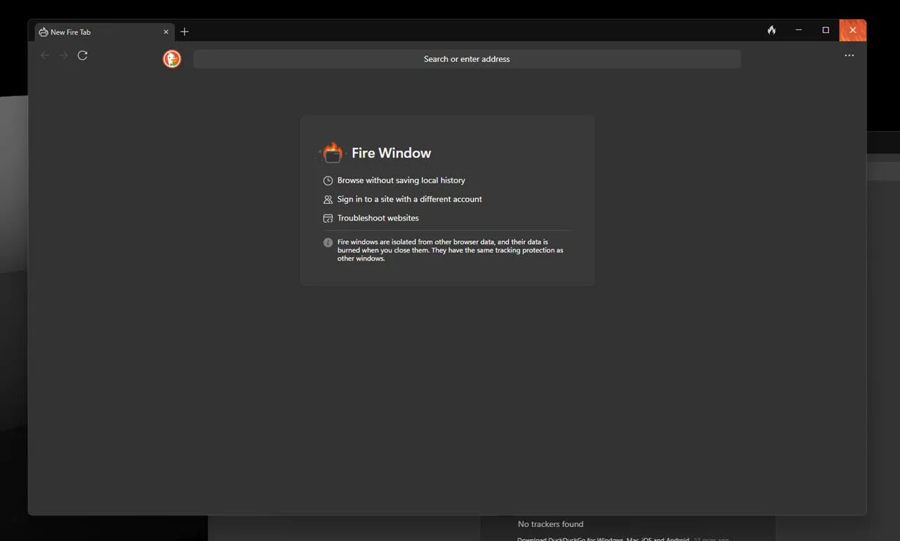 Tính năng Fire Window trong DuckDuckGo Browser cho phép duyệt web riêng tư và tự động xóa dữ liệu khi đóng cửa sổ.