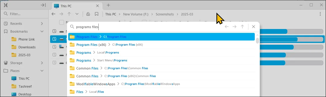 Tính năng GoTo của File Pilot cho phép tìm kiếm và truy cập thư mục nhanh chóng ngay từ thanh địa chỉ trên Windows 11