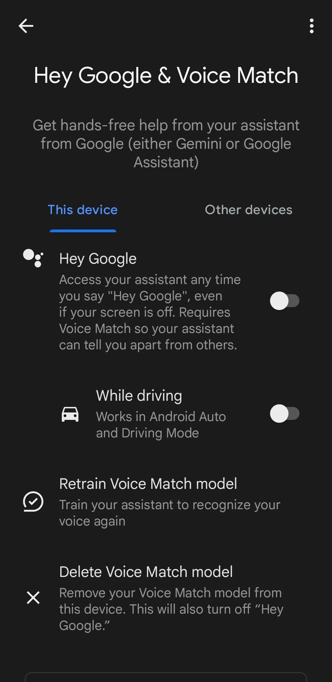 Tính năng Hey Google bị vô hiệu hóa trong cài đặt Android