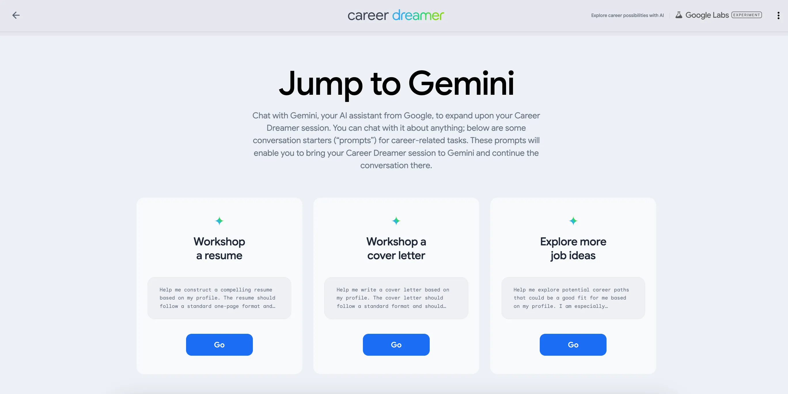 Tính năng 'Jump to Gemini' trên Google Career Dreamer, hỗ trợ người dùng tạo CV và thư xin việc chuyên nghiệp.