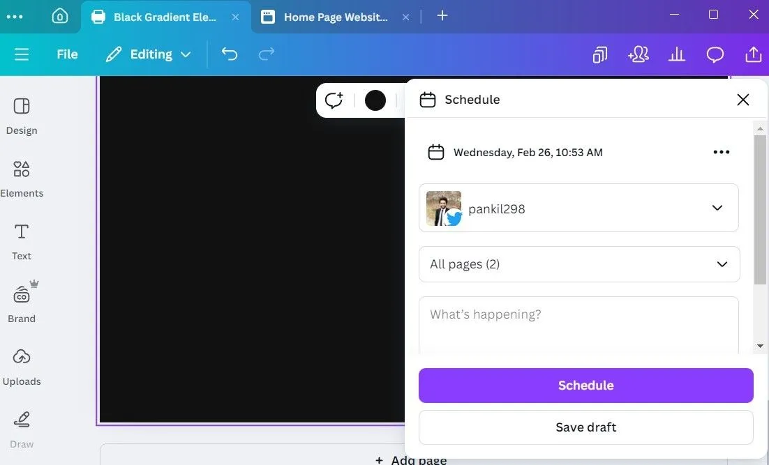 Tính năng Lên lịch trong Canva desktop, cho phép người dùng đặt lịch đăng bài lên các nền tảng mạng xã hội trực tiếp từ ứng dụng.