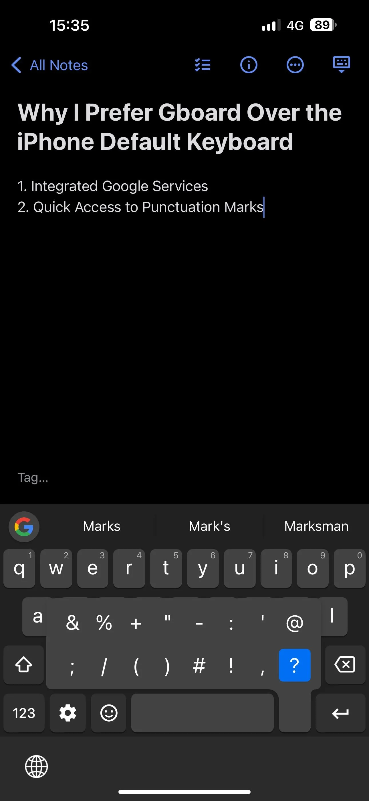Tính năng nhấn giữ phím dấu chấm trên Gboard hiển thị menu truy cập nhanh các dấu câu và ký hiệu.