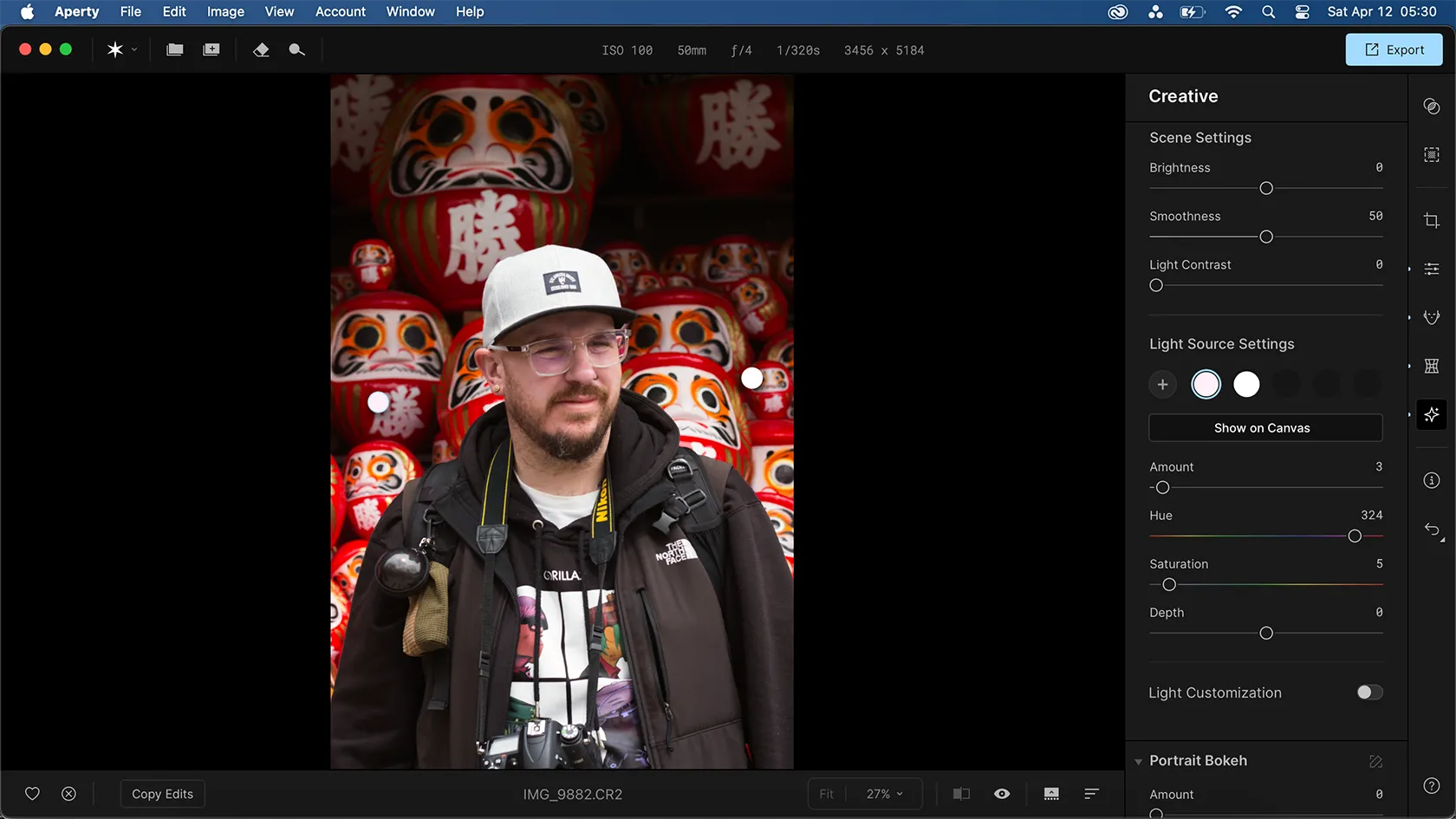 Tính năng thêm và tùy chỉnh nguồn sáng trong tab Creative của Aperty, giúp điều chỉnh ánh sáng cho ảnh chân dung