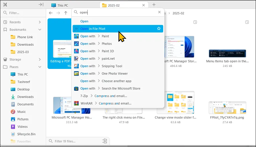 Tính năng tìm kiếm lệnh tiện lợi trong menu chuột phải của File Pilot giúp truy cập nhanh các hành động