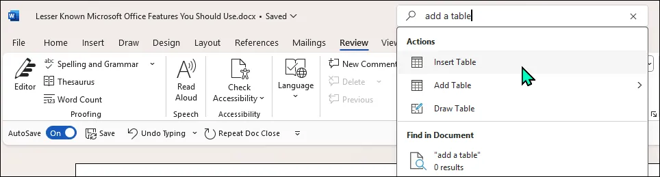 Tính năng tìm kiếm Microsoft Search thông minh trong ứng dụng Word trên Windows 11