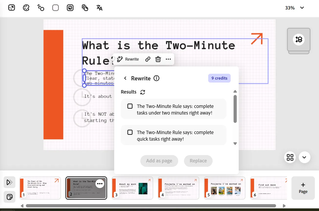 Tính năng viết lại văn bản bằng AI trong Adobe Express, giúp tối ưu nội dung thuyết trình.
