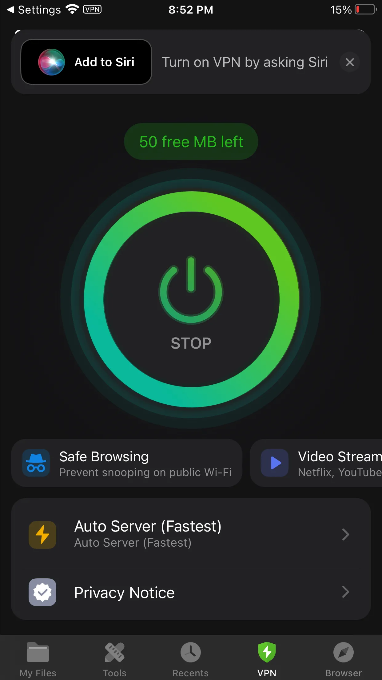 Tính năng VPN trong ứng dụng Documents trên iPhone với giới hạn dữ liệu.