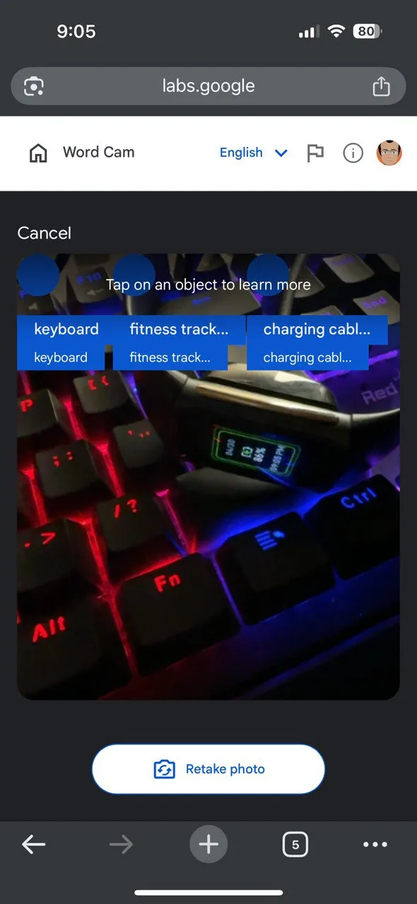 Tính năng Word Cam của Little Language Lessons, cho phép chụp ảnh vật thể để học từ vựng liên quan một cách trực quan