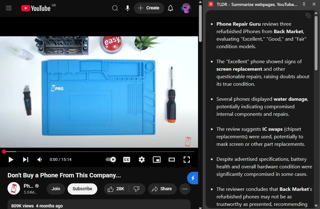Tóm tắt video YouTube bằng TLDR về điện thoại tân trang từ Back Market
