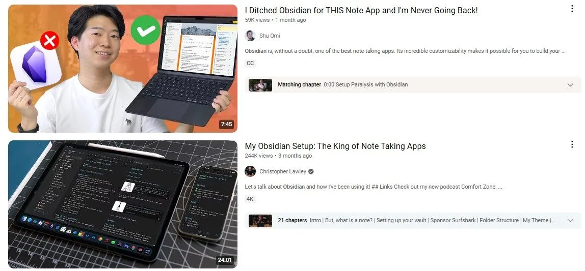 Tổng hợp các video YouTube về Obsidian và quản lý tri thức, cho thấy sự ảnh hưởng của các chuyên gia năng suất trong việc quảng bá các công cụ PKM.