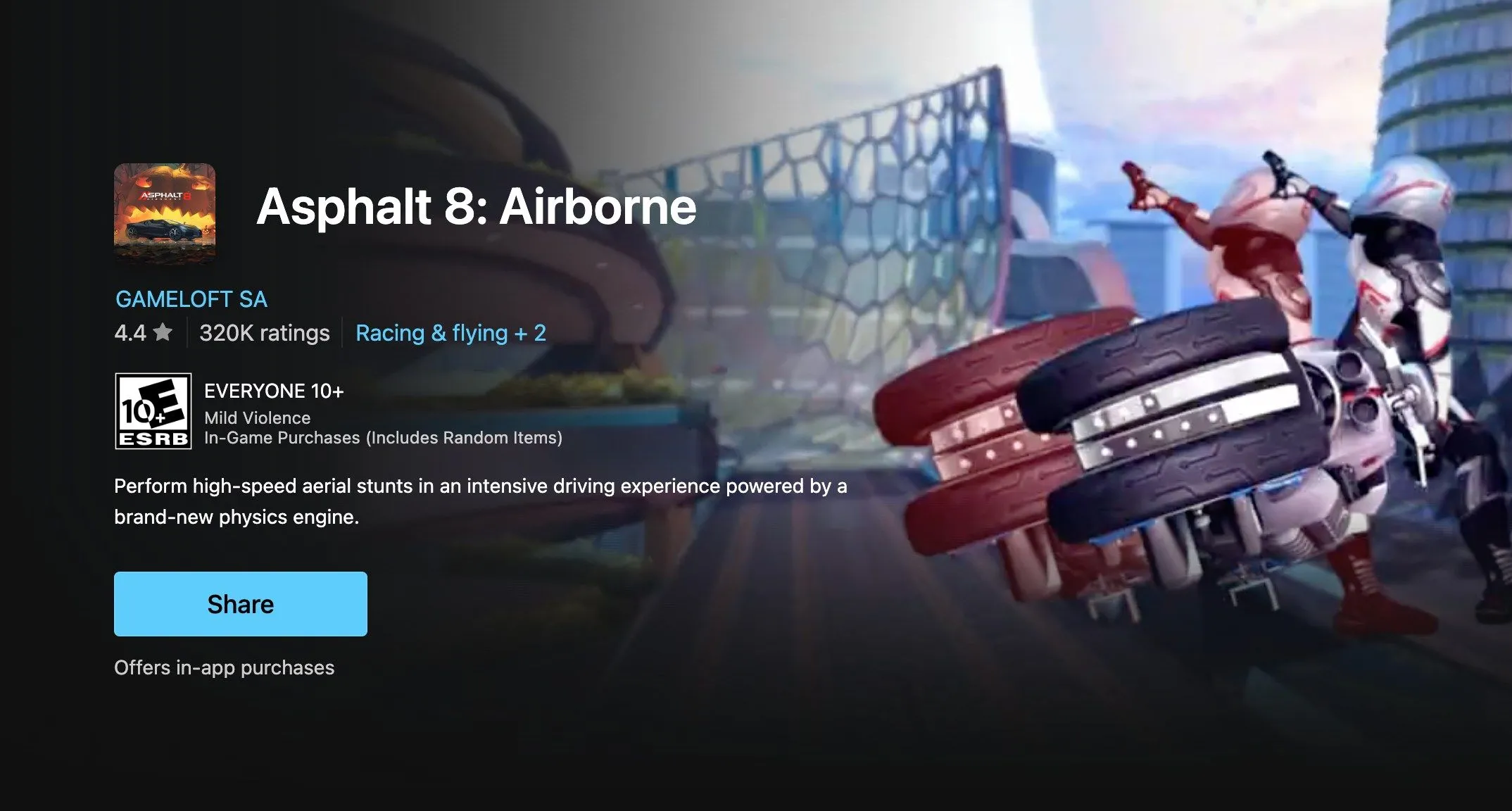 Trang Asphalt 8: Airborne trên Microsoft Store hiển thị thông tin trò chơi và tùy chọn cài đặt