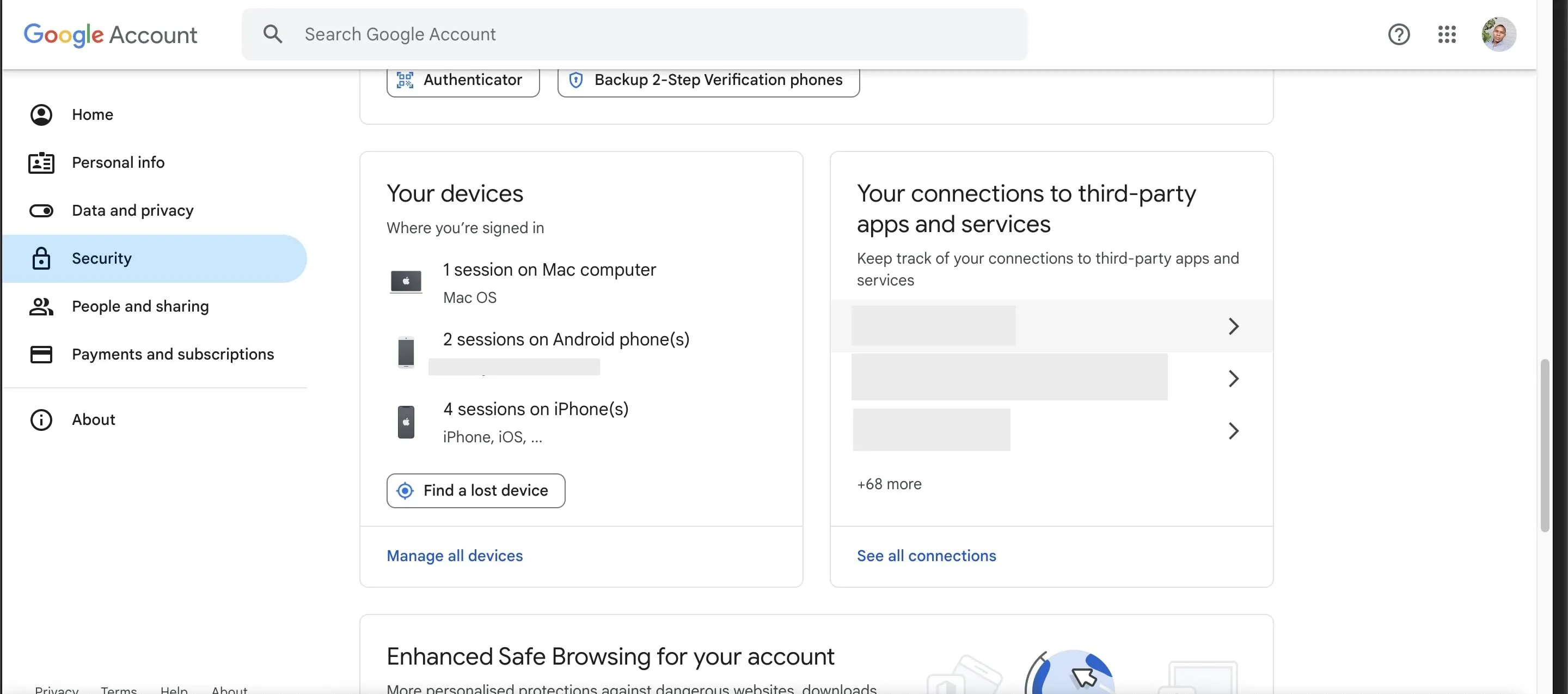 Trang bảo mật tài khoản Google liệt kê các thiết bị đã đăng nhập