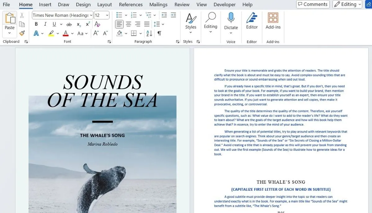 Trang bìa một cuốn sách điện tử (eBook) có tên &quot;Sounds of the Sea&quot; được tạo và định dạng trong Microsoft Word