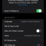 Trang cài đặt Apple Intelligence & Siri trong ứng dụng Cài đặt iOS.