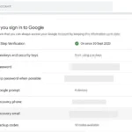 Trang cài đặt bảo mật tài khoản Google hiển thị mục email và số điện thoại khôi phục