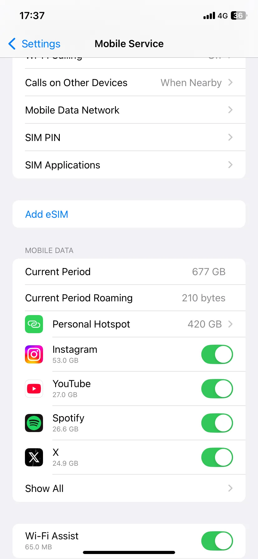 Trang cài đặt Dịch vụ di động trên iPhone, quản lý quyền truy cập dữ liệu di động của ứng dụng.