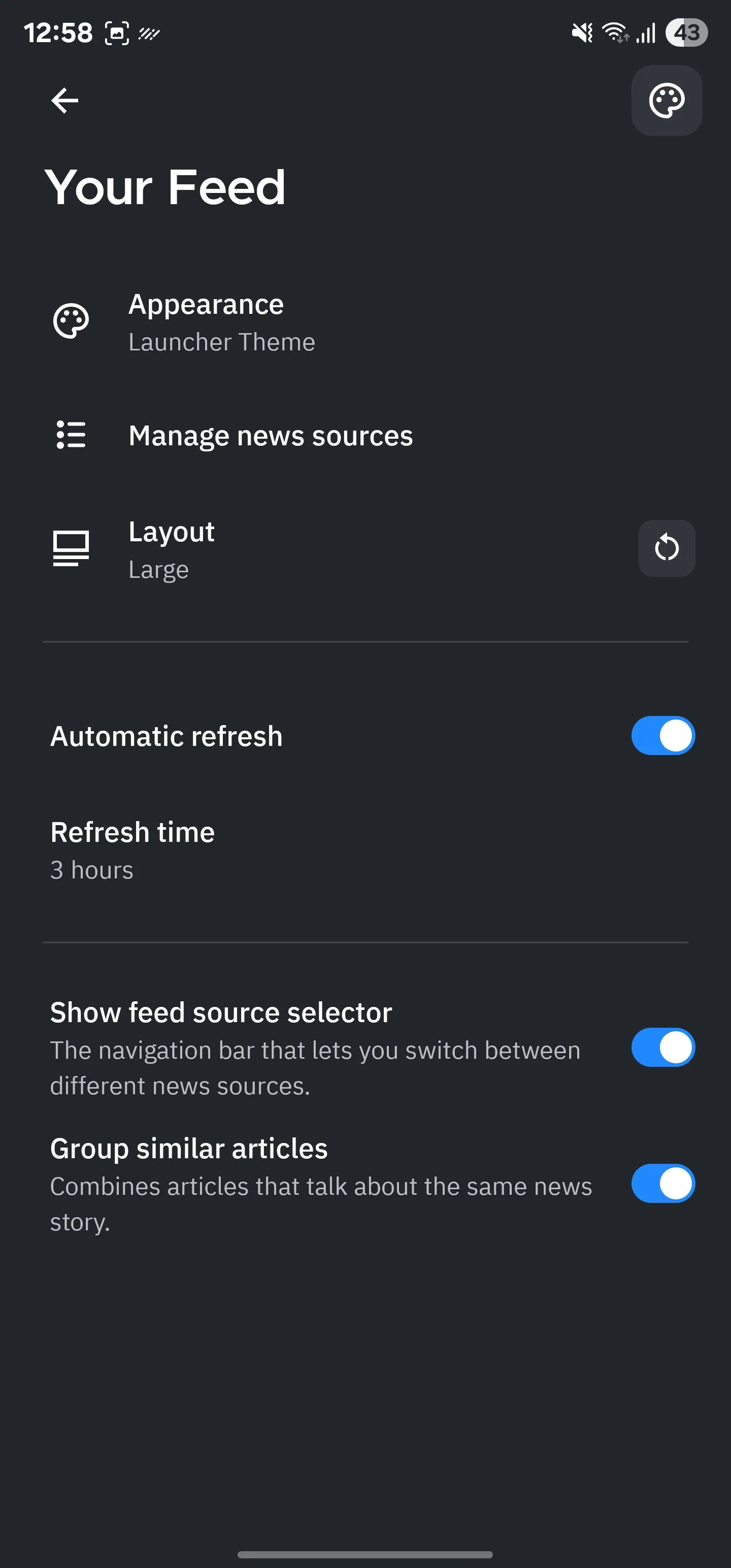 Trang cấu hình Your Feed trong Smart Launcher, hiển thị các tùy chọn tùy chỉnh