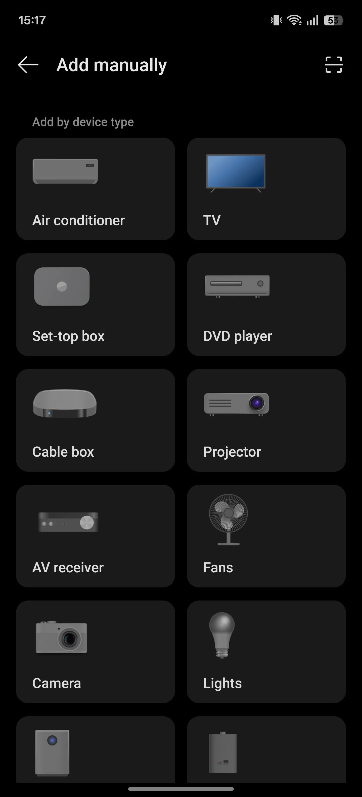 Trang chọn loại thiết bị trong ứng dụng IR Remote trên điện thoại OnePlus.