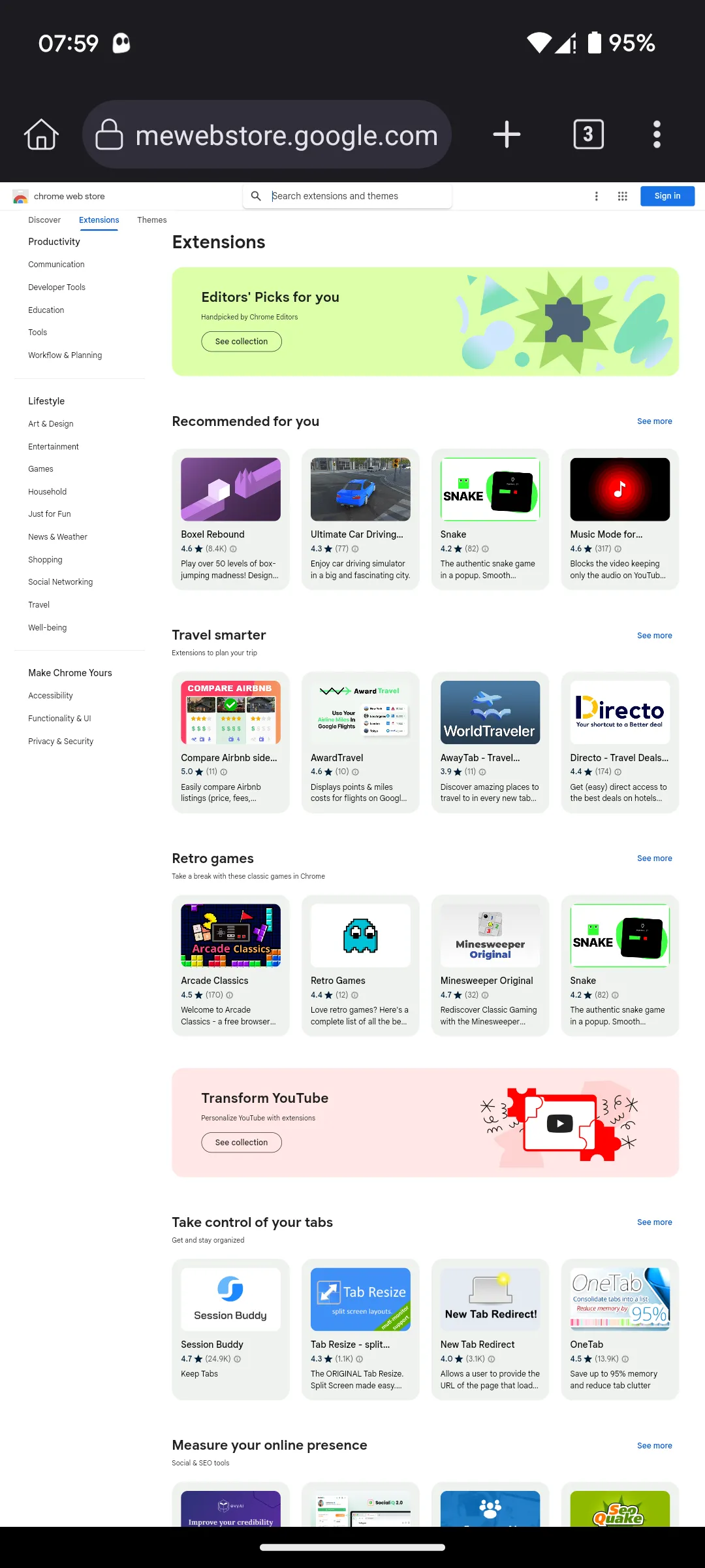 Trang chủ Chrome Web Store hiển thị trong trình duyệt Kiwi Browser trên Android