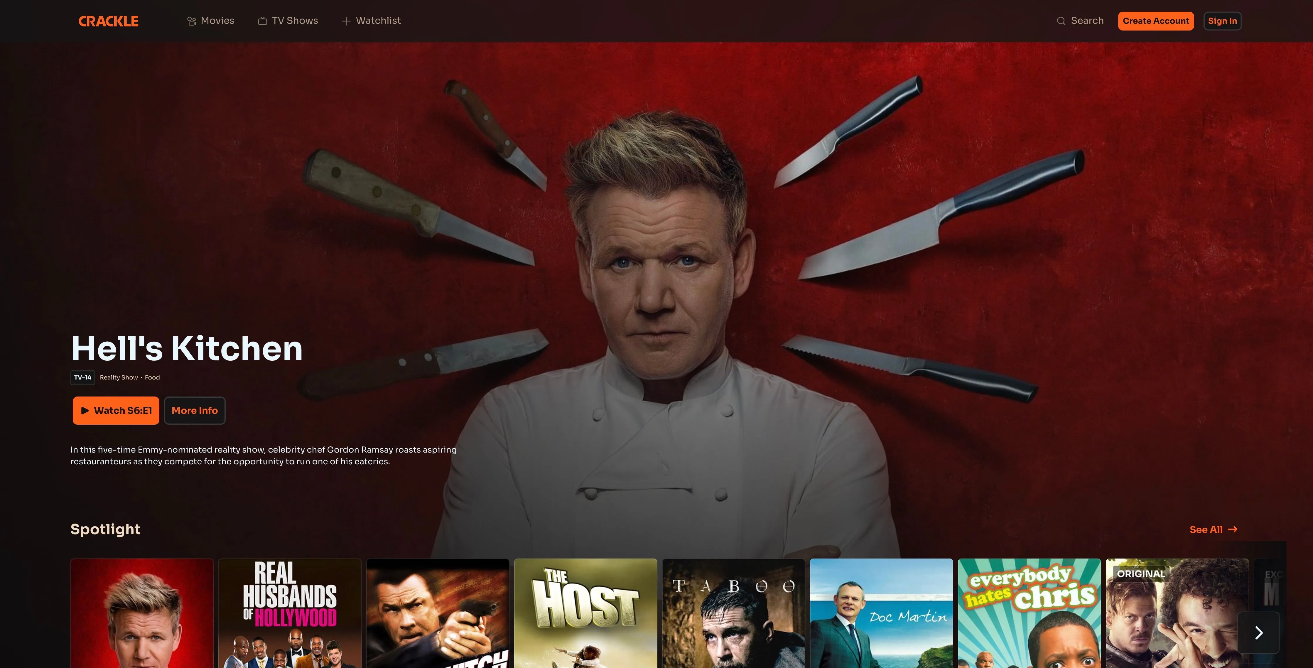 Trang chủ Crackle với quảng cáo chương trình &quot;Hell's Kitchen&quot;, cung cấp phim và TV miễn phí