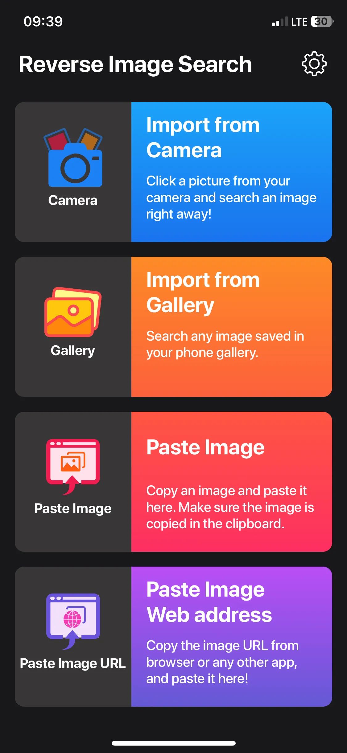 Trang chủ của ứng dụng Image Recognition and Searcher trên iPhone