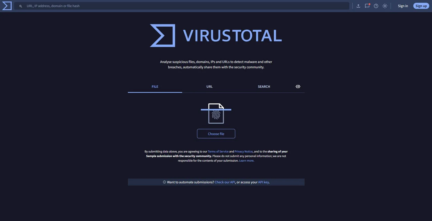 Trang chủ của VirusTotal hiển thị giao diện tải lên tệp tin hoặc dán URL để quét kiểm tra mã độc