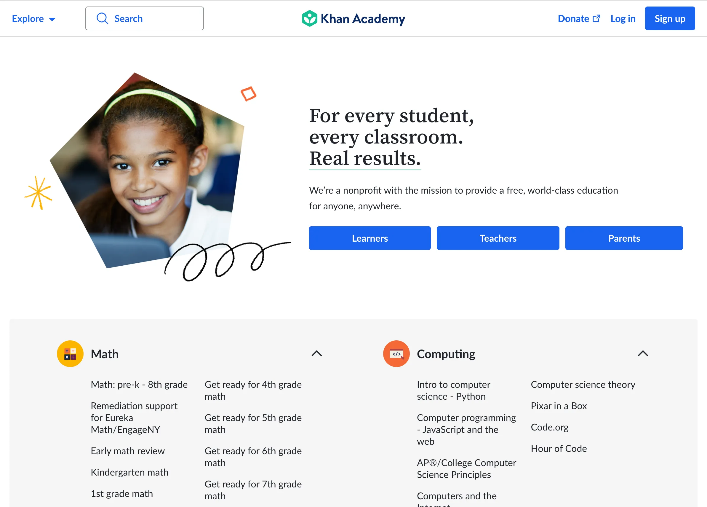Trang chủ Khan Academy, nền tảng giáo dục trực tuyến miễn phí giúp đơn giản hóa các khái niệm phức tạp về toán và khoa học.
