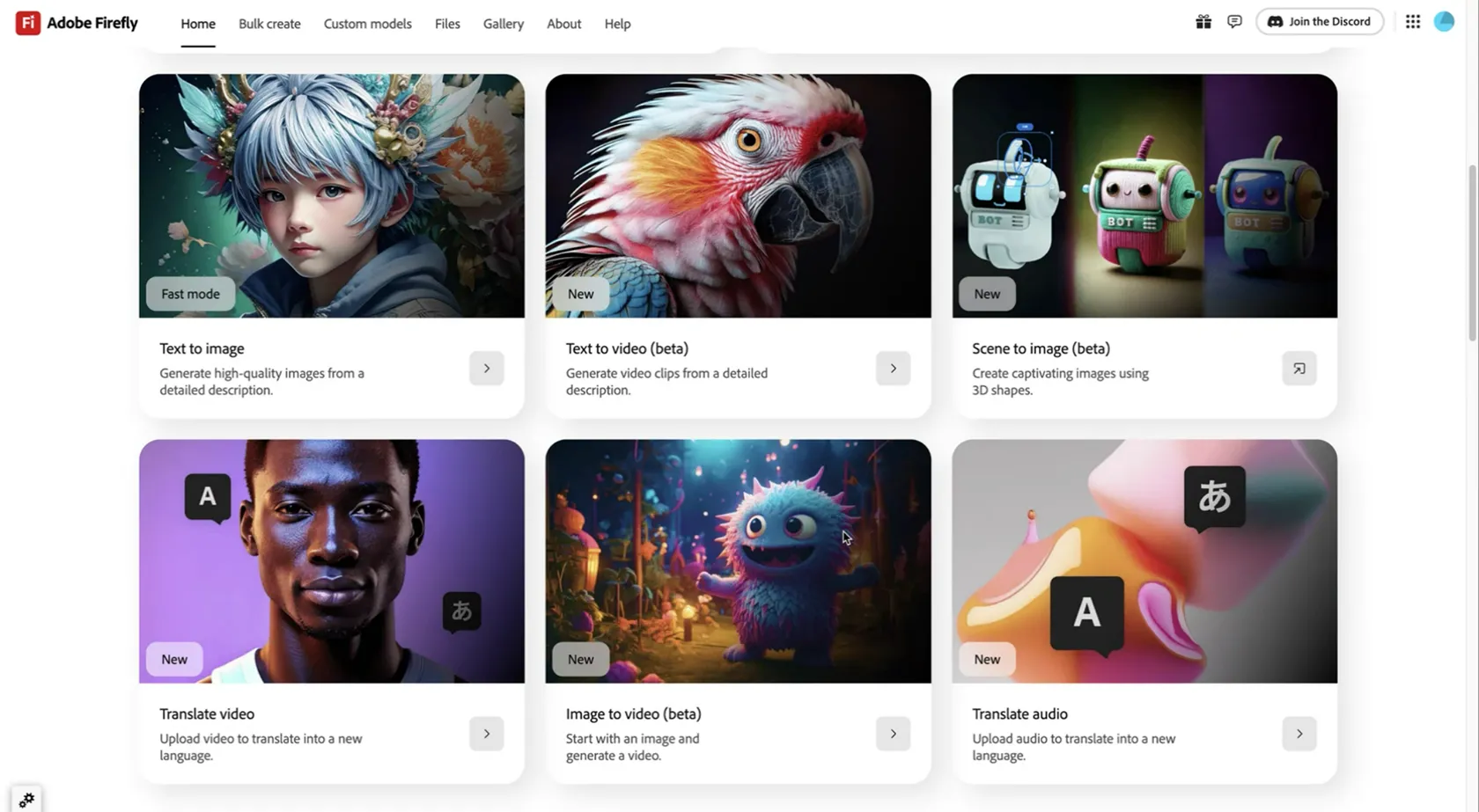 Trang chủ ứng dụng web Adobe Firefly hiển thị các tính năng AI mới nhất.