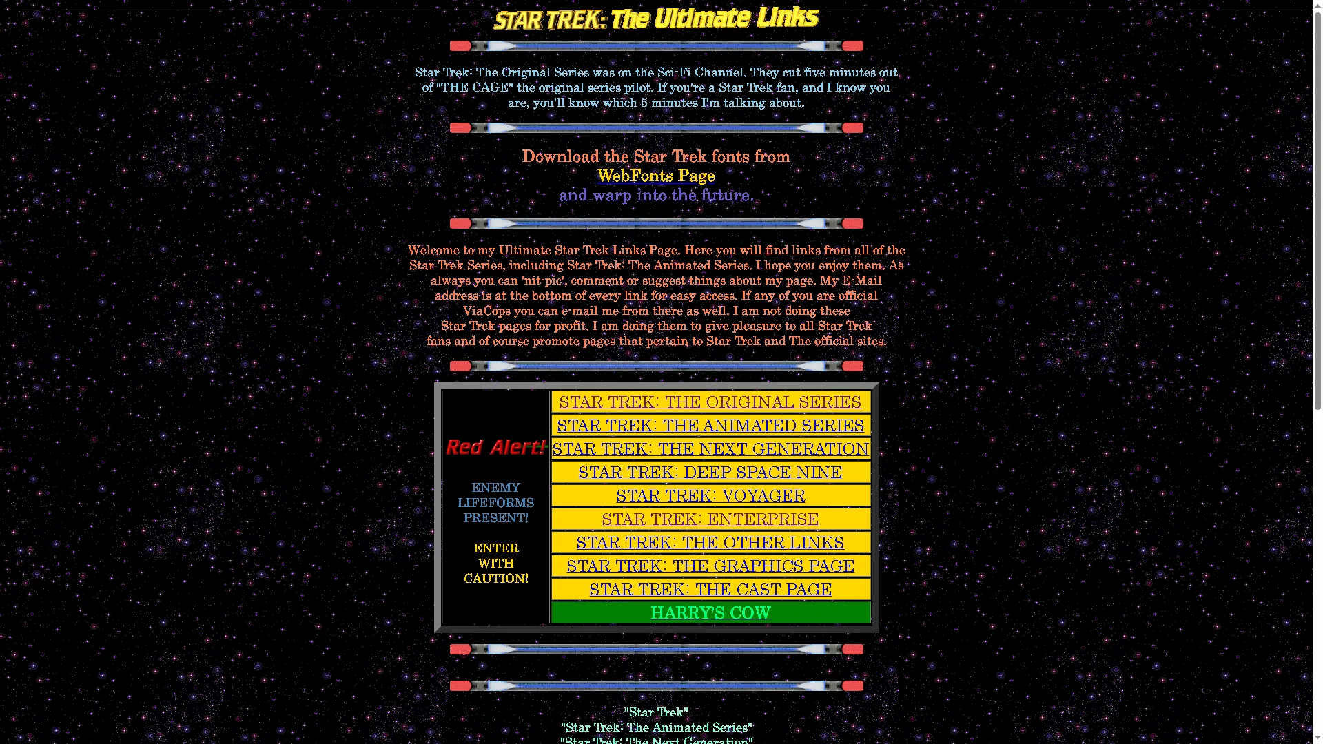 Trang chủ website Star Trek: The Ultimate Links, một fanpage lịch sử