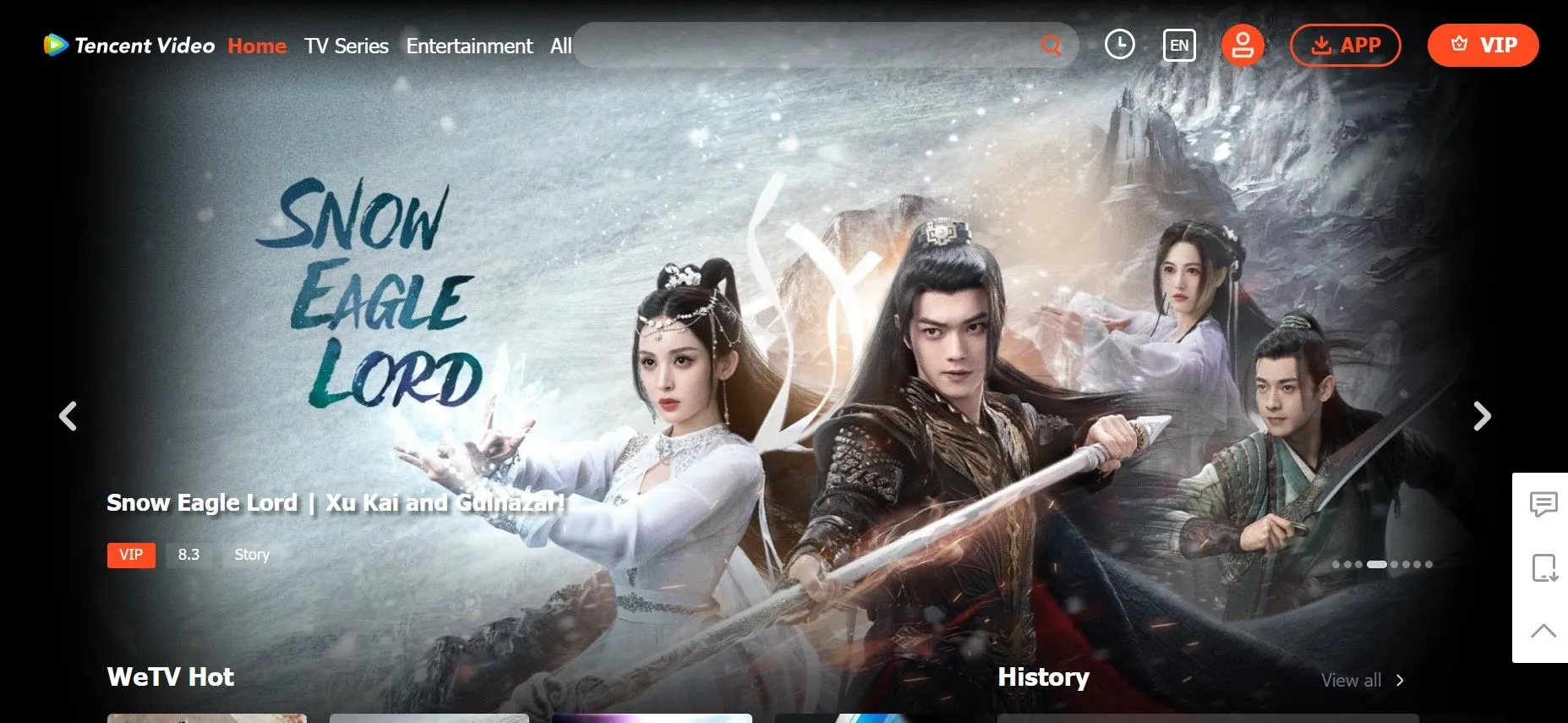 Trang chủ WeTV VIP hiển thị nội dung phim và chương trình châu Á phổ biến