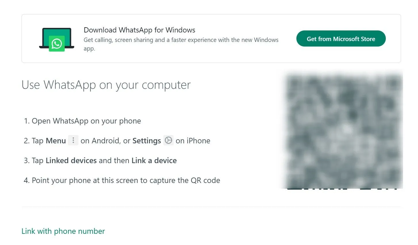 Trang đăng nhập WhatsApp Web chính thức hiển thị mã QR để quét và kết nối