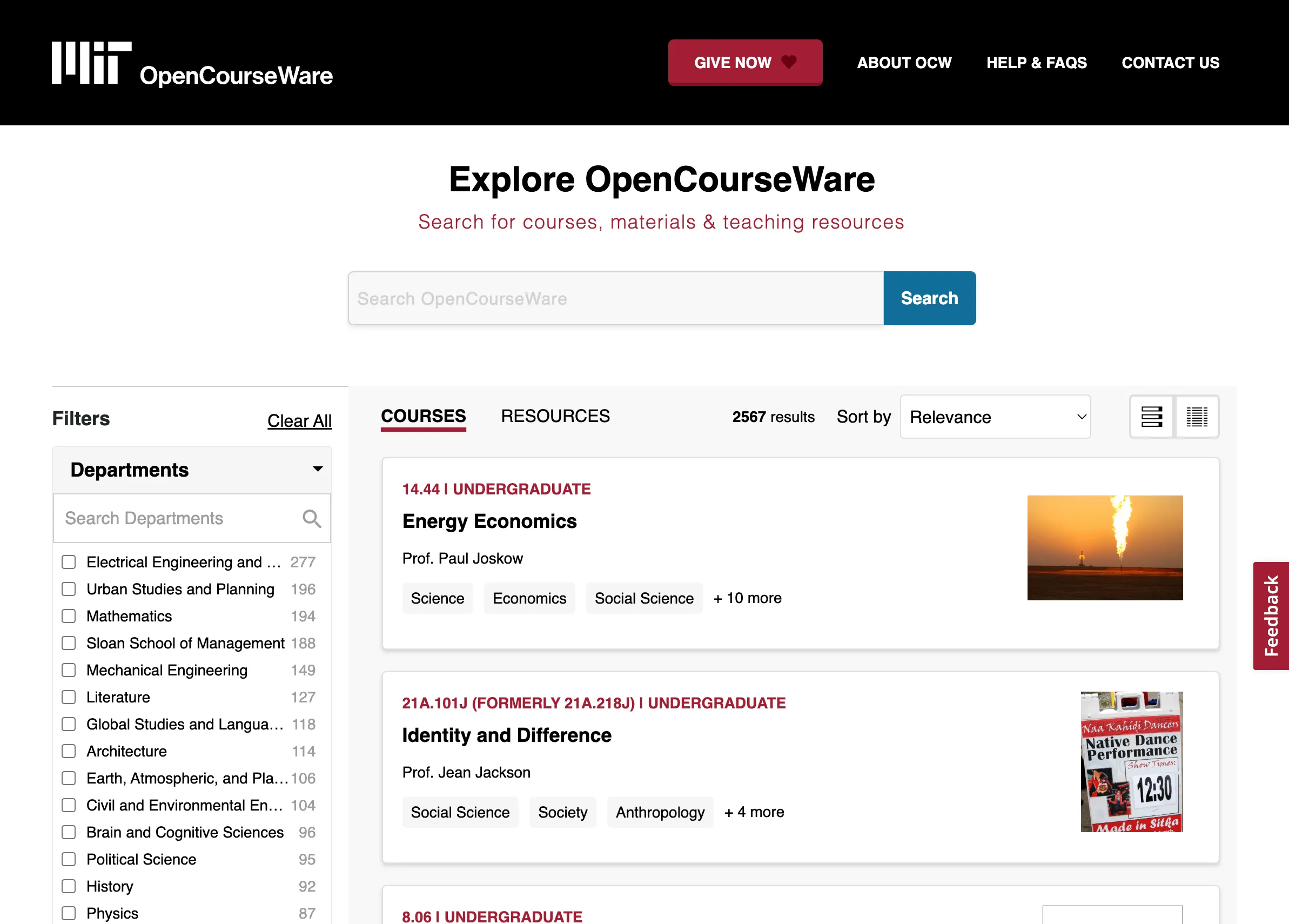 Trang duyệt khóa học của MIT OpenCourseWare, nơi cung cấp miễn phí các tài liệu giảng dạy chất lượng cao từ Viện Công nghệ Massachusetts.