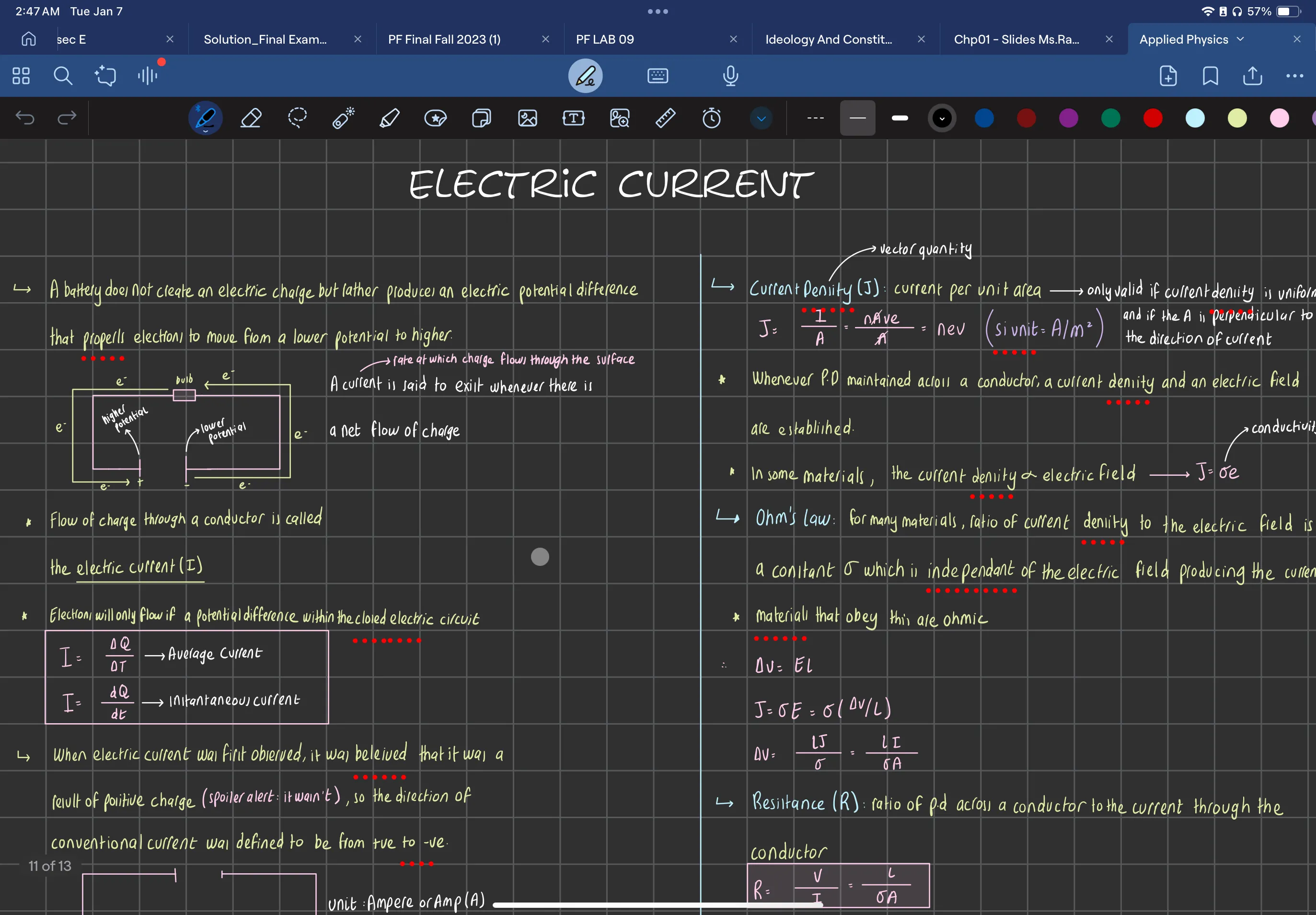Trang ghi chú môn Vật lý về dòng điện được viết tay trên ứng dụng Goodnotes 6 trên iPad