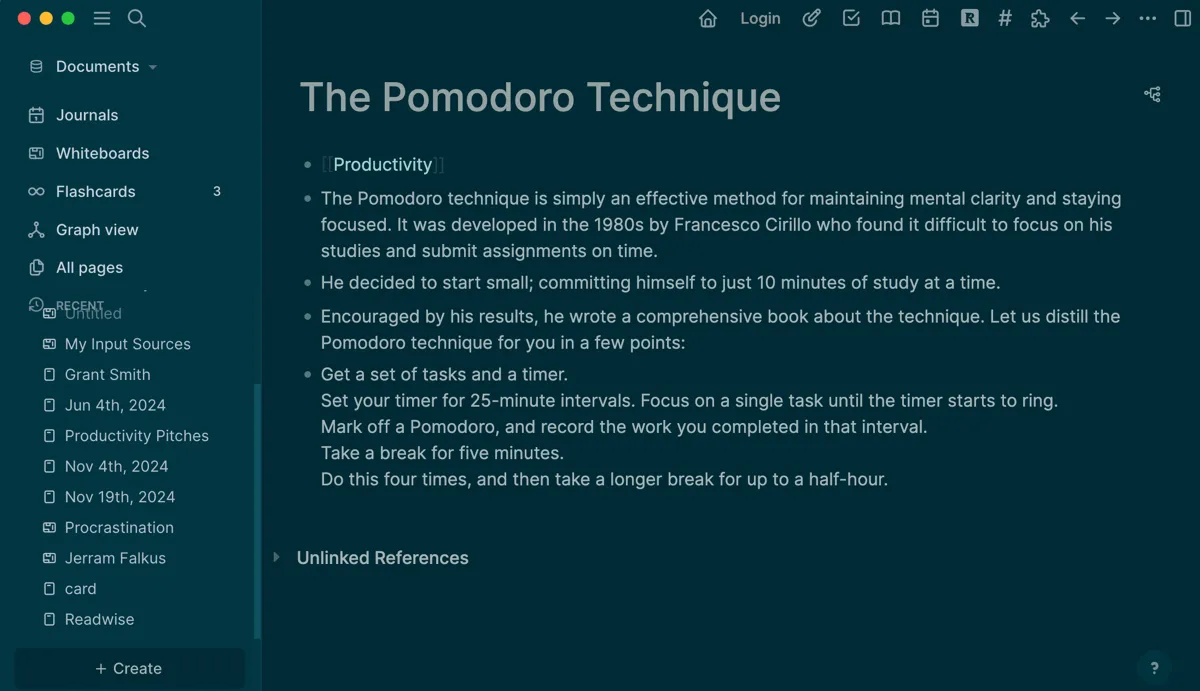 Trang ghi chú về Kỹ thuật Pomodoro trong Logseq, minh họa cách tạo liên kết hai chiều đến các chủ đề liên quan như năng suất.