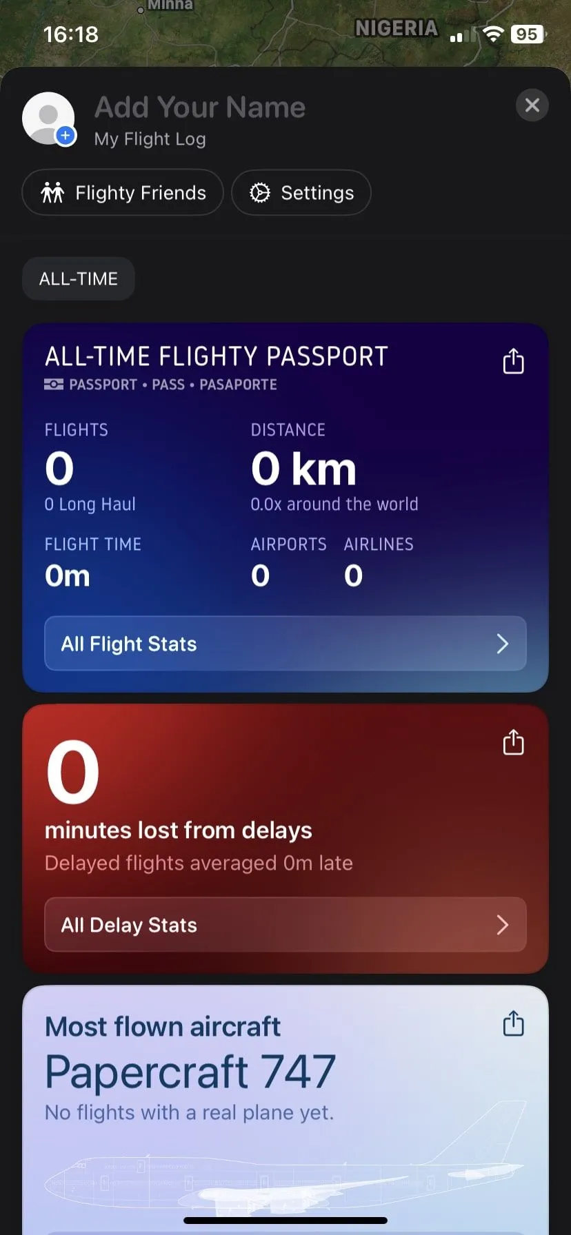 Trang hồ sơ của Flighty hiển thị các chuyến bay đã lưu và tùy chọn cá nhân