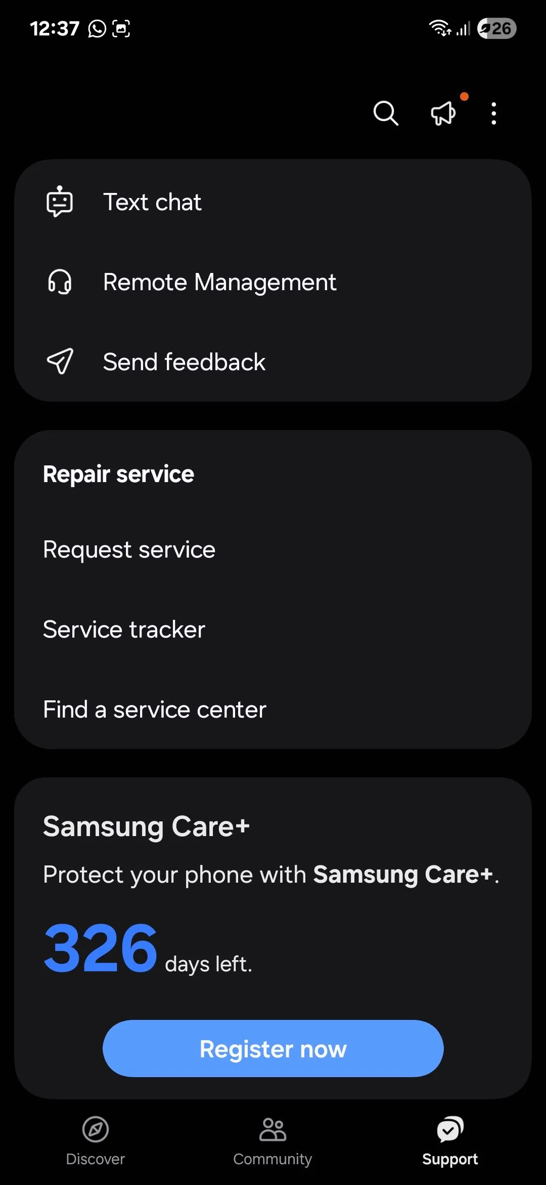 Trang hỗ trợ của ứng dụng Samsung Members với các công cụ chẩn đoán và trợ giúp