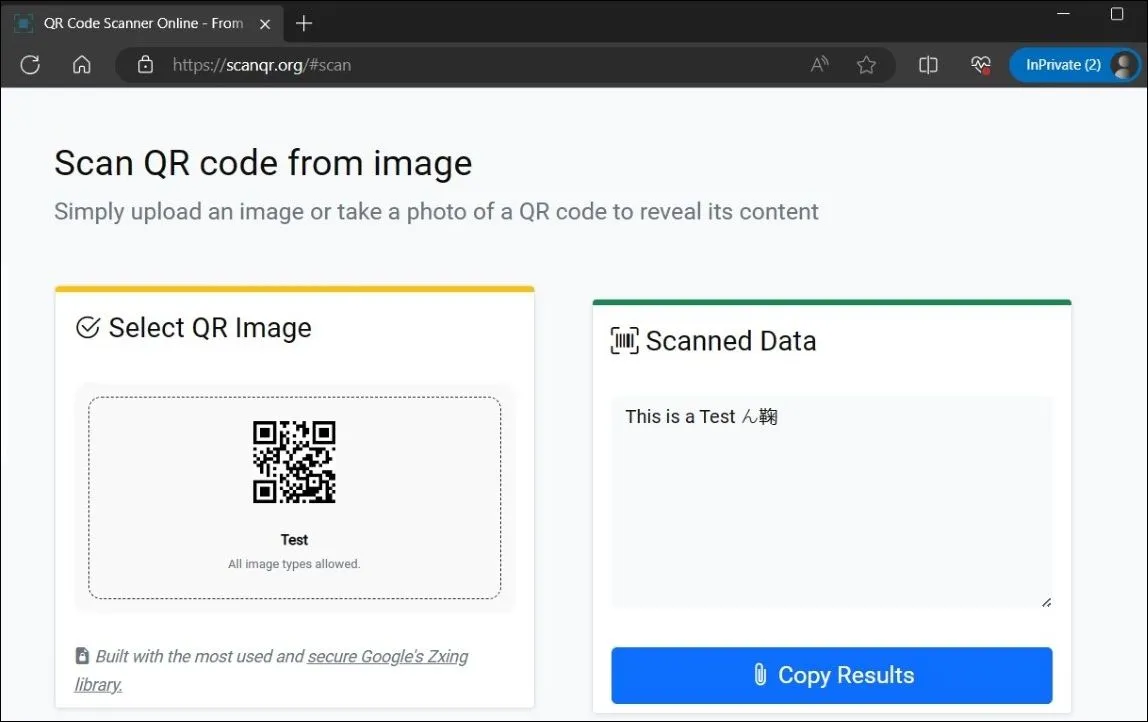Trang kết quả &quot;Scanned Data&quot; trên website ScanQR.org sau khi quét thành công mã QR từ hình ảnh trên máy tính.
