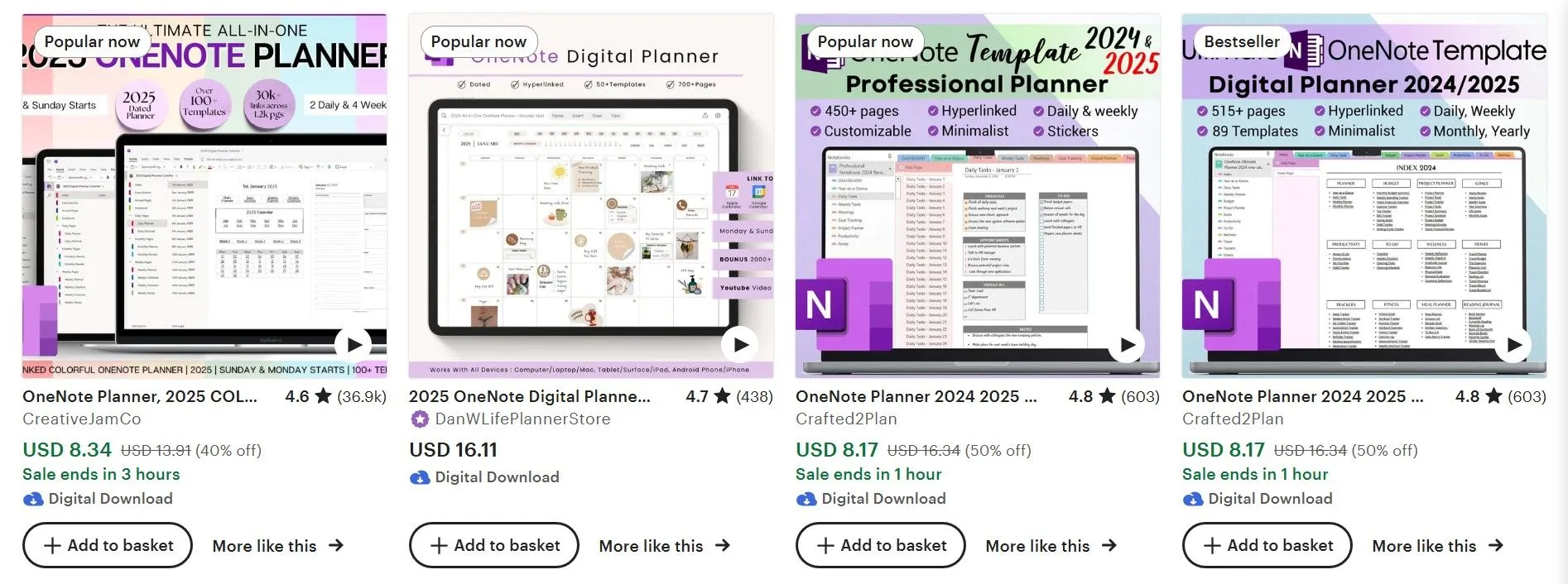 Trang kết quả tìm kiếm Etsy hiển thị đa dạng các mẫu OneNote chuyên nghiệp và cá nhân.