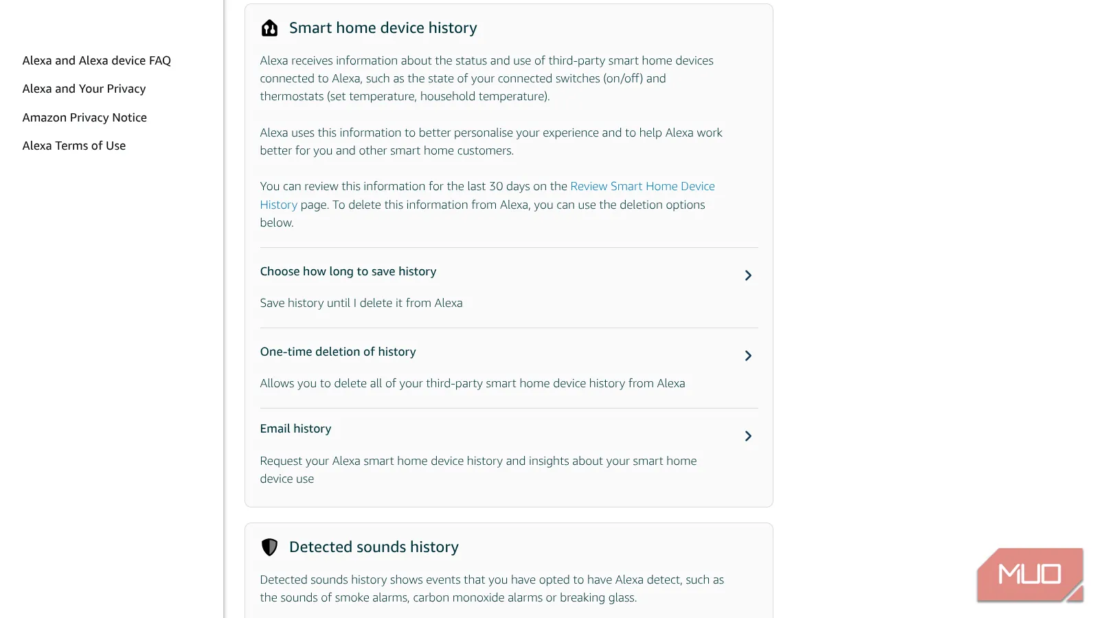 Trang lịch sử thiết bị nhà thông minh của Alexa trên website Amazon.