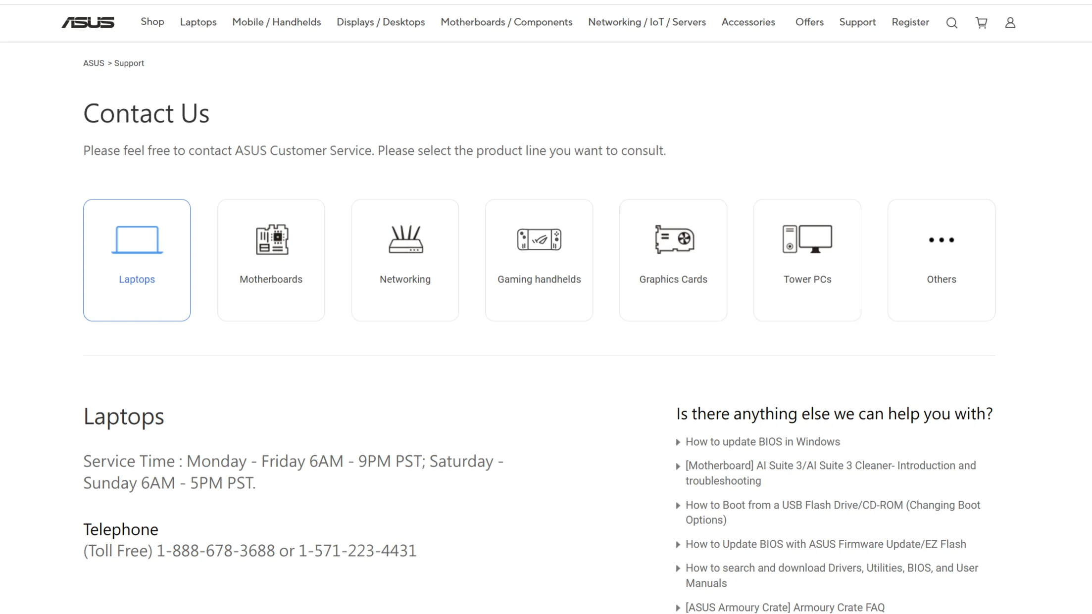 Trang Liên hệ trên website chính thức của ASUS, hiển thị rõ ràng số điện thoại miễn phí để khách hàng có thể liên hệ trực tiếp với bộ phận hỗ trợ.
