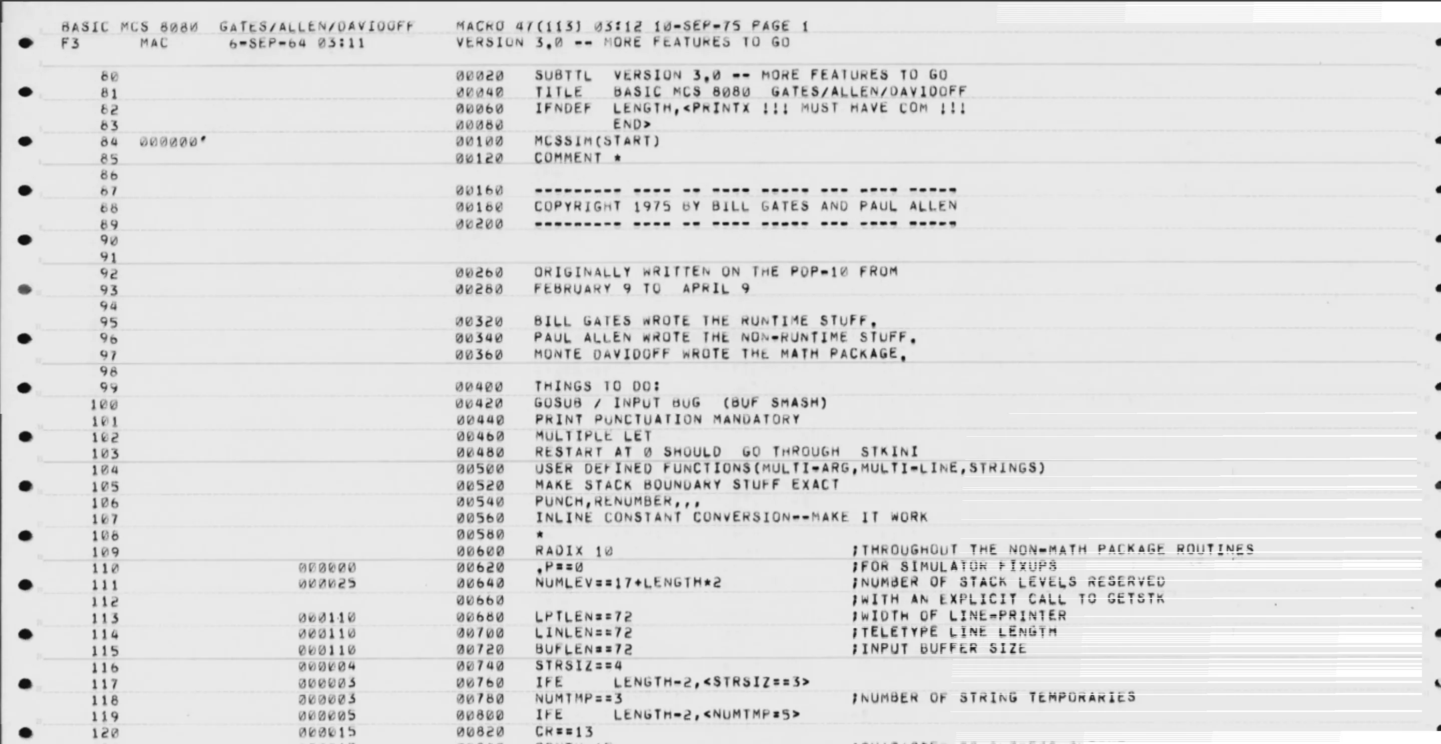 Trang mã nguồn gốc Altair BASIC do Bill Gates công bố, nền tảng đầu tiên của Microsoft.