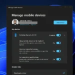 Trang quản lý thiết bị di động trên Windows 11 hiển thị điện thoại Android đã kết nối và tùy chọn hiển thị trong File Explorer.
