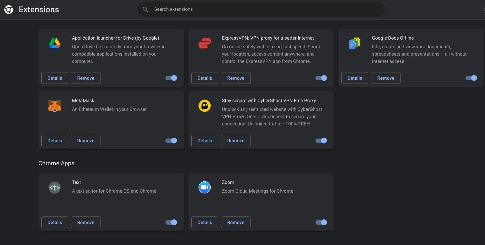 Trang quản lý tiện ích mở rộng trong Google Chrome