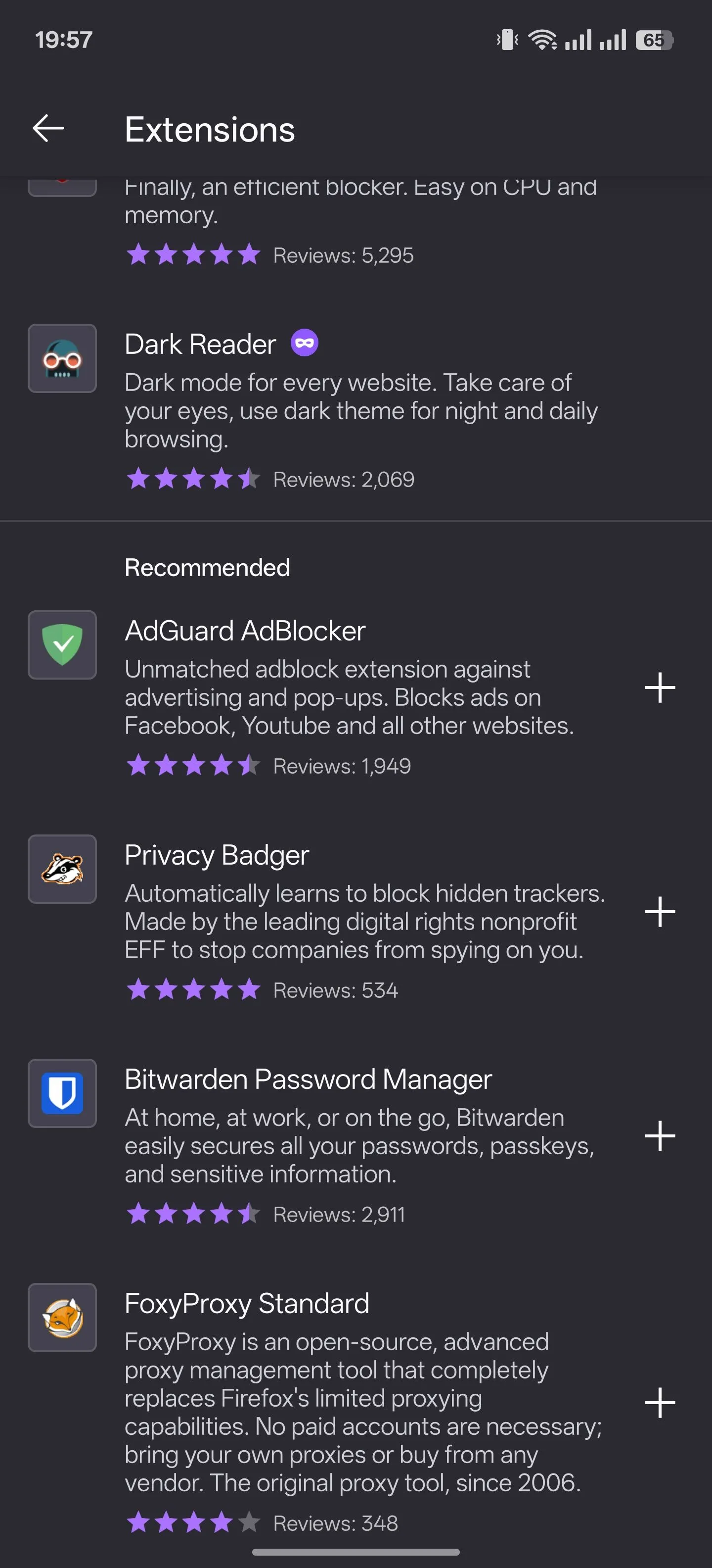 Trang quản lý tiện ích mở rộng trong trình duyệt Firefox trên điện thoại Android.